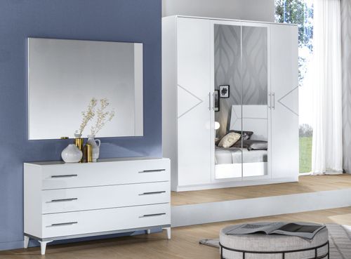 Commode design 3 grands tiroirs bois blanc laqué et et métal argenté Diamanto 120 cm - Photo n°2; ?>