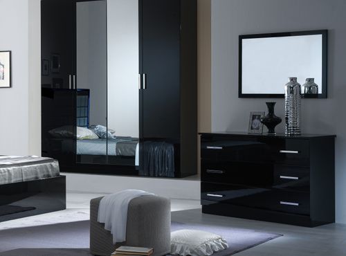 Commode design grands 3 tiroirs bois noir laqué avec poignées chromées Turin 116 cm - Photo n°2; ?>