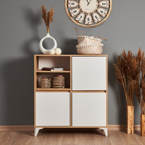 Commode haute 3 portes frêne blanc et bois naturel Valdis 97 cm - Photo n°2; ?>