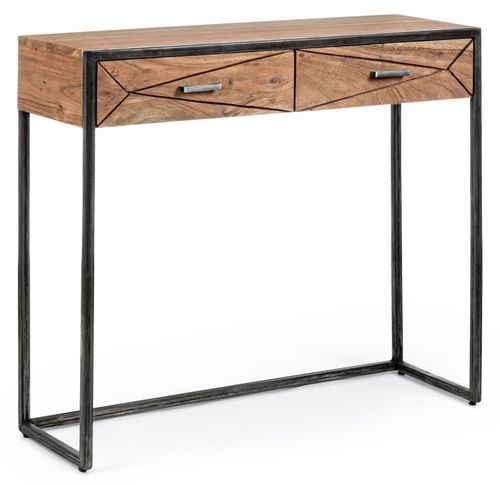 Console 2 tiroirs en bois clair d'acacia vernis mat et acier noir Makune 90 cm - Photo n°2; ?>