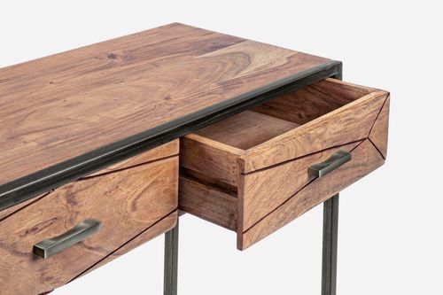 Console 2 tiroirs en bois clair d'acacia vernis mat et acier noir Makune 90 cm - Photo n°3; ?>