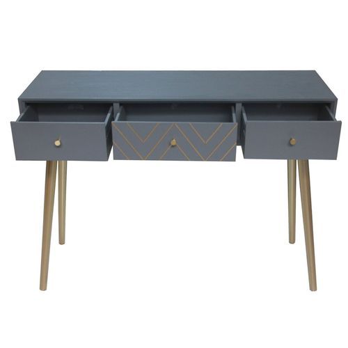 Console 3 tiroirs bois massif gris et pieds métal doré Lumir - Photo n°2; ?>