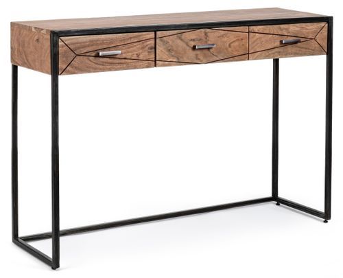 Console 3 tiroirs en bois clair d'acacia vernis mat et acier noir Makune 115 cm - Photo n°2; ?>