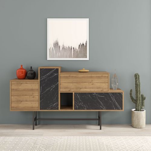 Console bois chêne clair et noir effet marbre 2 tiroirs 2 portes Kermina 160 cm - Photo n°2; ?>