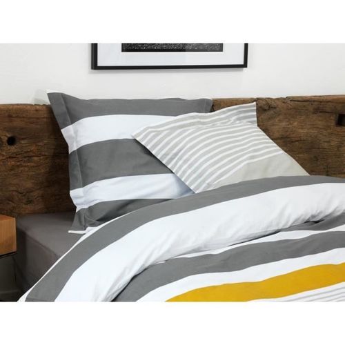 COUETTES ET CETERA Parure de couette Bandeau - 1 housse de couette 240 x 260 cm + 2 taies 65 x 65 cm - Gris, beige et blanc - Photo n°3; ?>