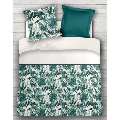 COUETTES ET CETERA Parure de couette Tropical - 1 housse de couette 240 x 260 cm + 2 taies 65 x 65 cm - Vert et blanc - Photo n°2; ?>