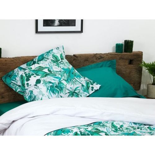 COUETTES ET CETERA Parure de couette Tropical - 1 housse de couette 240 x 260 cm + 2 taies 65 x 65 cm - Vert et blanc - Photo n°3; ?>