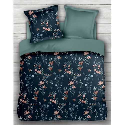 COUETTES ET CETERA Parure de couette Végétal - 1 housse de couette 240 x 260 cm + 2 taies 65 x 65 cm - Bleu et vert - Photo n°2; ?>