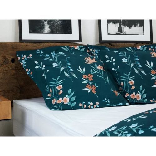 COUETTES ET CETERA Parure de couette Végétal - 1 housse de couette 240 x 260 cm + 2 taies 65 x 65 cm - Bleu et vert - Photo n°3; ?>