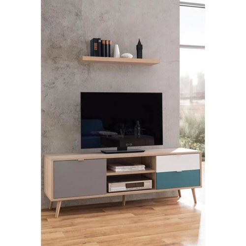 CUBA Meuble TV scandinave décor chene, gris, blanc et bleu pétrole - L 150 cm - Photo n°2; ?>