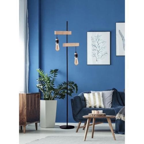 DETROIT Lampadaire industriel 2 tetes en bois - 40 x 25 x H150 cm - Noir - Ampoules décoratives E27 40W fournies - Photo n°2; ?>