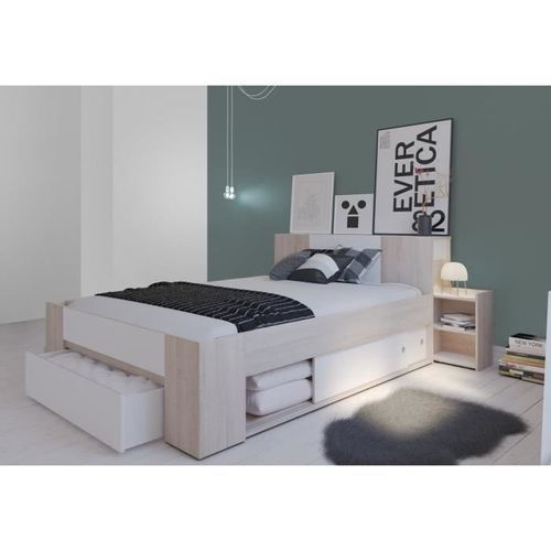 DETROIT Tete de lit chevets intégrés contemporain décor chene brossé et blanc perle - L 145,4 cm - Photo n°2; ?>