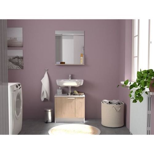 EKIPA Meuble sous lavabo 2 portes - Décor Chene Jackson et blanc - L 59 x P 38 x 55 cm - VERSO - Photo n°2; ?>