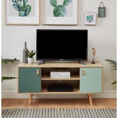 Meuble TV 2 portes - Style vintage - Chene clair et vert pastel - L 116 x P 39,5 x H 53,5 cm - Photo n°2; ?>