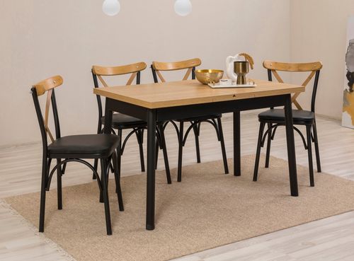 Ensemble 1 table extensible 4 chaises et 1 banc naturel et noir Kontante - Photo n°2; ?>