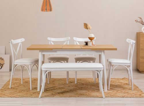 Ensemble 1 table extensible bois naturel et blanc 4 chaises 1 banc bois blanc Kontante - Photo n°2; ?>