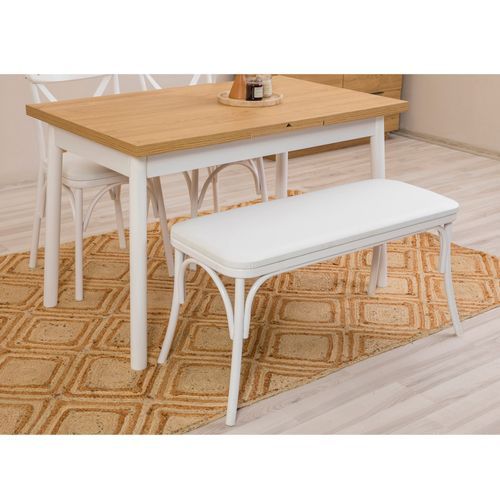 Ensemble 1 table extensible bois naturel et blanc 4 chaises 1 banc bois blanc Kontante - Photo n°3; ?>