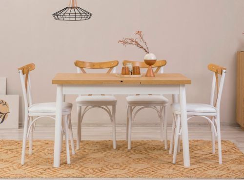 Ensemble 1 table extensible et 4 chaises bois naturel et blanc Kontante - Photo n°2; ?>