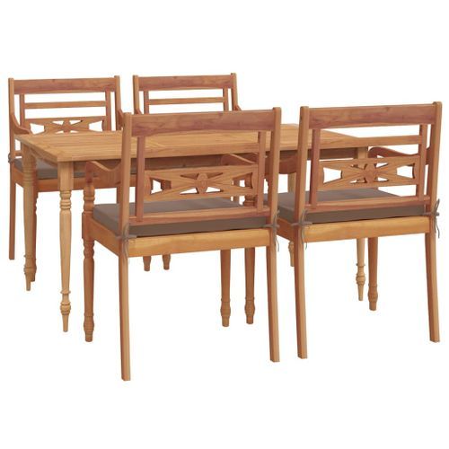 Ensemble à dîner de jardin coussins 5 pcs Bois de teck massif - Photo n°3; ?>