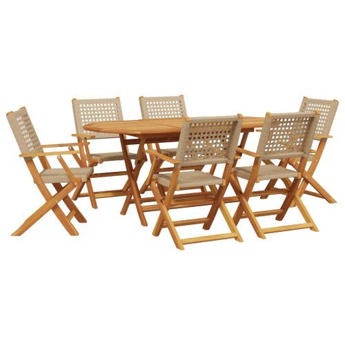 Ensemble à manger de jardin 7 pcs beige rotin et bois massif - Photo n°2; ?>