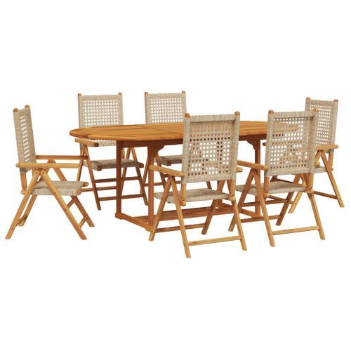 Ensemble à manger de jardin 7 pcs beige rotin et bois massif - Photo n°2; ?>