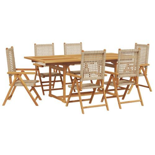 Ensemble à manger de jardin 7 pcs beige rotin et bois massif - Photo n°2; ?>