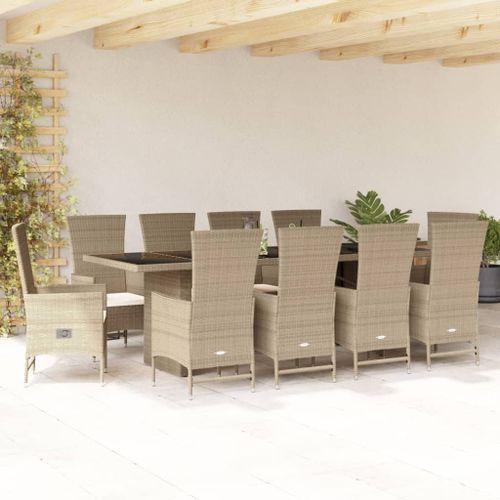 Ensemble à manger de jardin et coussins 11 pcs beige poly rotin - Photo n°2; ?>