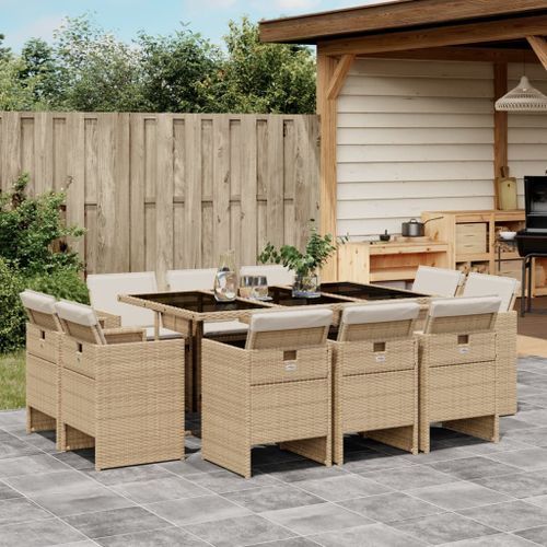 Ensemble à manger de jardin et coussins 11 pcs beige poly rotin - Photo n°2; ?>