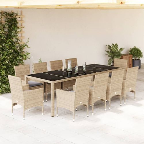 Ensemble à manger de jardin et coussins 11pcs beige rotin verre - Photo n°2; ?>