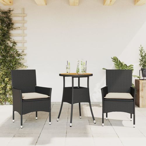 Ensemble à manger de jardin et coussins 3 pcs noir rotin acacia - Photo n°2; ?>