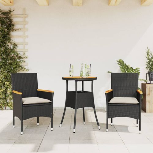 Ensemble à manger de jardin et coussins 3 pcs noir rotin acacia - Photo n°2; ?>