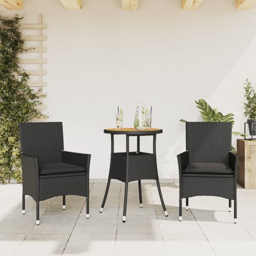 Ensemble à manger de jardin et coussins 3 pcs noir rotin acacia - Photo n°2; ?>