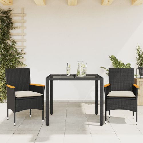 Ensemble à manger de jardin et coussins 3 pcs noir rotin verre - Photo n°2; ?>