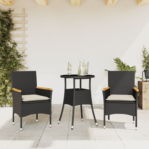 Ensemble à manger de jardin et coussins 3 pcs noir rotin verre - Photo n°2; ?>