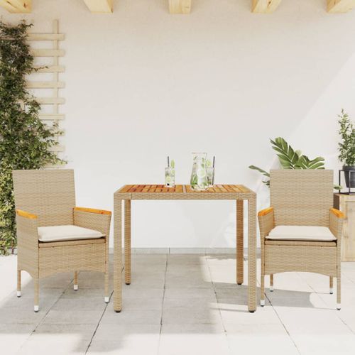 Ensemble à manger de jardin et coussins 3pcs beige rotin acacia - Photo n°2; ?>