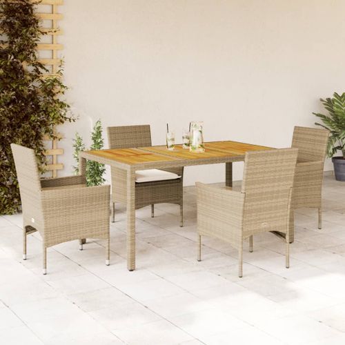 Ensemble à manger de jardin et coussins 5pcs beige rotin acacia - Photo n°2; ?>