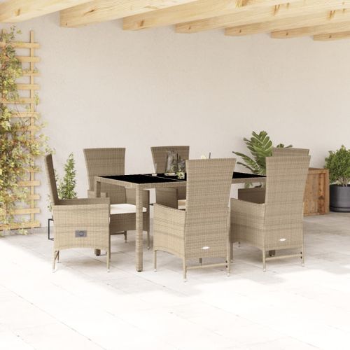 Ensemble à manger de jardin et coussins 7 pcs beige poly rotin - Photo n°2; ?>