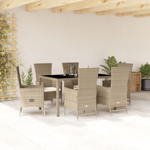 Ensemble à manger de jardin et coussins 7 pcs beige poly rotin - Photo n°2; ?>