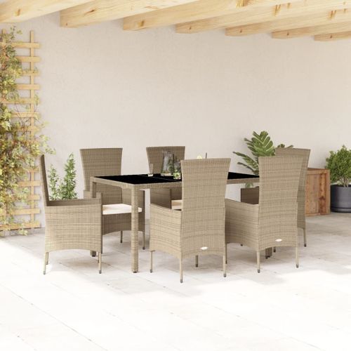 Ensemble à manger de jardin et coussins 7 pcs beige poly rotin - Photo n°2; ?>