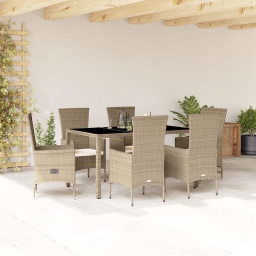 Ensemble à manger de jardin et coussins 7 pcs beige poly rotin - Photo n°2; ?>