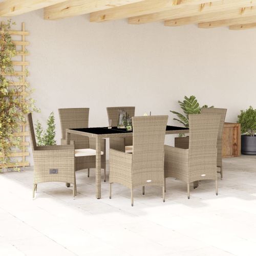 Ensemble à manger de jardin et coussins 7 pcs beige poly rotin - Photo n°2; ?>