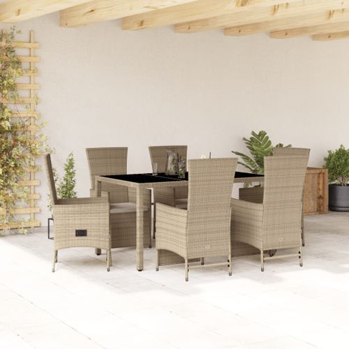 Ensemble à manger de jardin et coussins 7 pcs beige poly rotin - Photo n°2; ?>