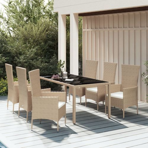 Ensemble à manger de jardin et coussins 7 pcs beige poly rotin - Photo n°2; ?>