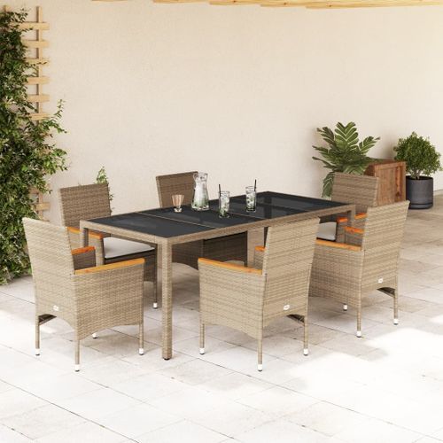 Ensemble à manger de jardin et coussins 7 pcs beige rotin verre - Photo n°2; ?>