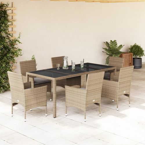 Ensemble à manger de jardin et coussins 7 pcs beige rotin verre - Photo n°2; ?>