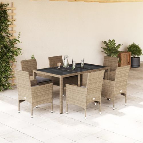 Ensemble à manger de jardin et coussins 7 pcs beige rotin verre - Photo n°2; ?>