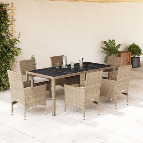 Ensemble à manger de jardin et coussins 7 pcs beige rotin verre - Photo n°2; ?>