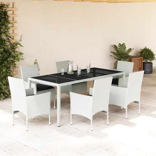 Ensemble à manger de jardin et coussins 7 pcs blanc rotin verre - Photo n°2; ?>