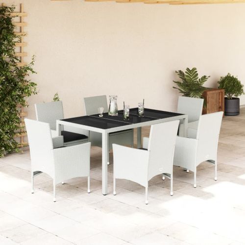 Ensemble à manger de jardin et coussins 7 pcs blanc rotin verre - Photo n°2; ?>