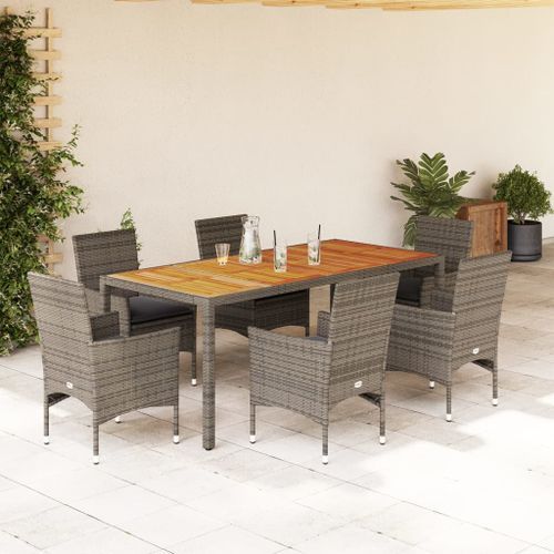 Ensemble à manger de jardin et coussins 7 pcs gris rotin acacia - Photo n°2; ?>